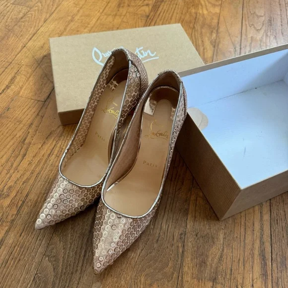 Christian Louboutin Lace 554 100 Cabaret Sequin Embellishments Pump Gold Nude 39